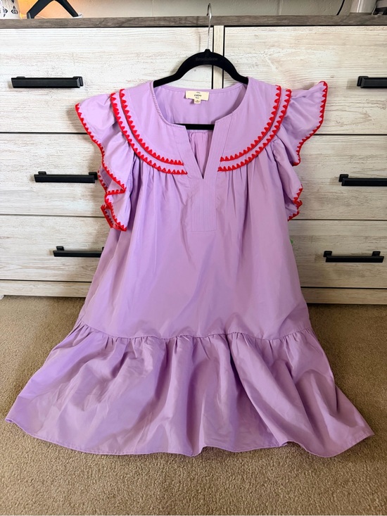 entro Dresses & Skirts - Entro Womens Lilac Ruffled Dress with Red Trim